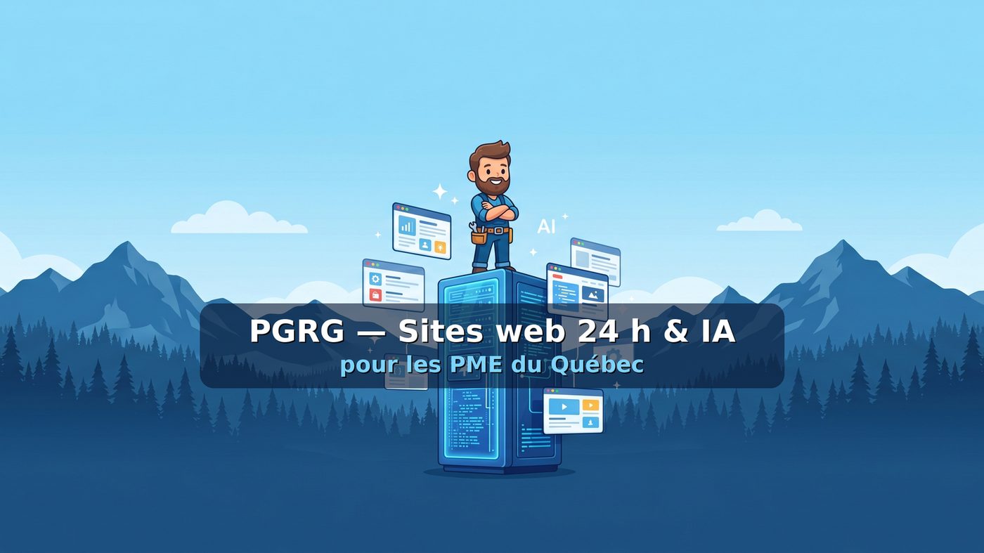 Ancienne bannière de PGRG : un personnage illustré debout sur un serveur, entouré de fenêtres de navigateur, avec le texte « PGRG — Sites web 24 h et IA pour les PME du Québec ».
