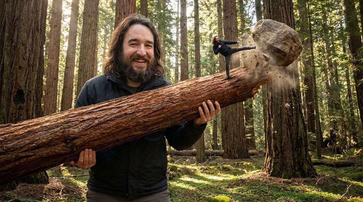 Deux fois le même homme dans une forêt de séquoias : l'un porte un tronc d'arbre entier sur l'épaule, l'autre fracasse un rocher d'un coup de pied.