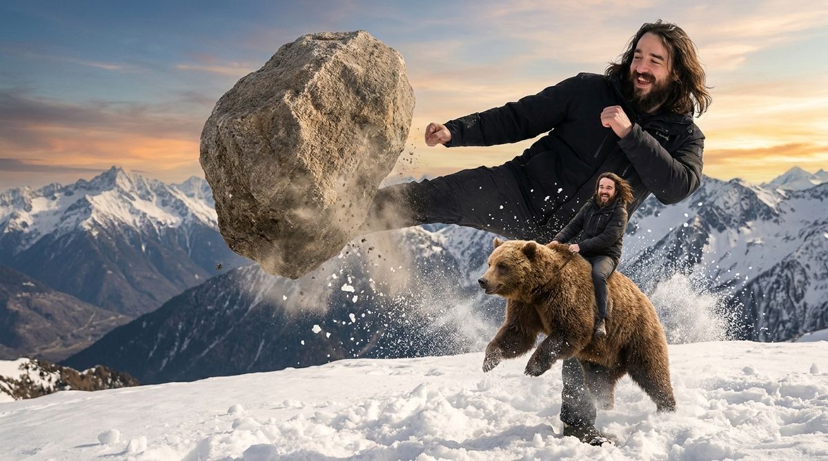 Dans les montagnes enneigées, un homme monte un ours brun au galop pendant qu'une deuxième version de lui fracasse un rocher d'un coup de pied retourné.