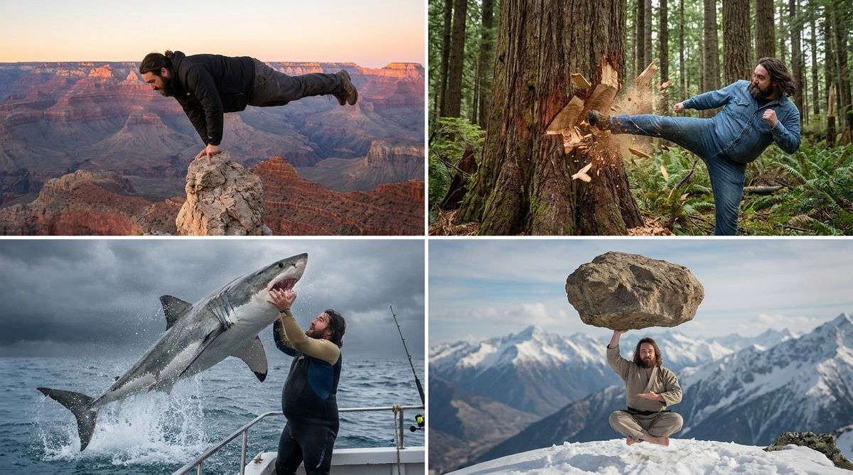 Quatre photos : équilibre sur une main au-dessus du Grand Canyon, coup de pied dans un séquoia, capture d'un requin blanc à mains nues, lévitation d'un rocher en position de méditation.