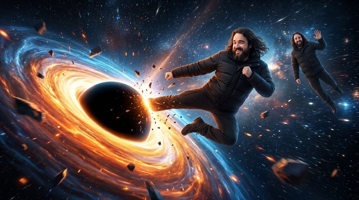 Dans l'espace, un homme frappe un trou noir d'un coup de pied pendant qu'une deuxième version de lui flotte en arrière-plan et salue de la main.