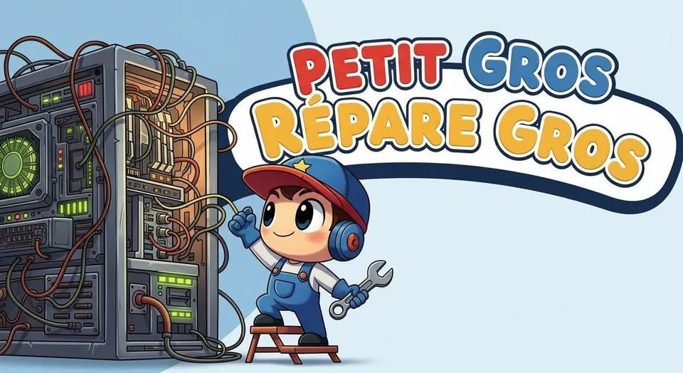 Mascotte PGRG — un petit personnage répare un gros serveur